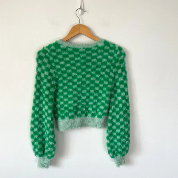 Zara Check Fuzzy Soft Cropped Sweater Green Sz Medium - Picture 6 of 8
